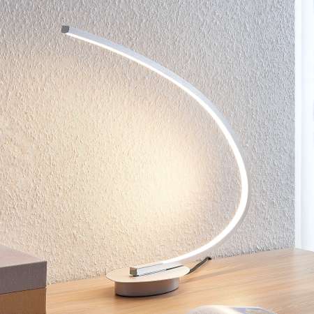 Lindby LED stolová lampa Nalevi, tvar oblúka, striebro