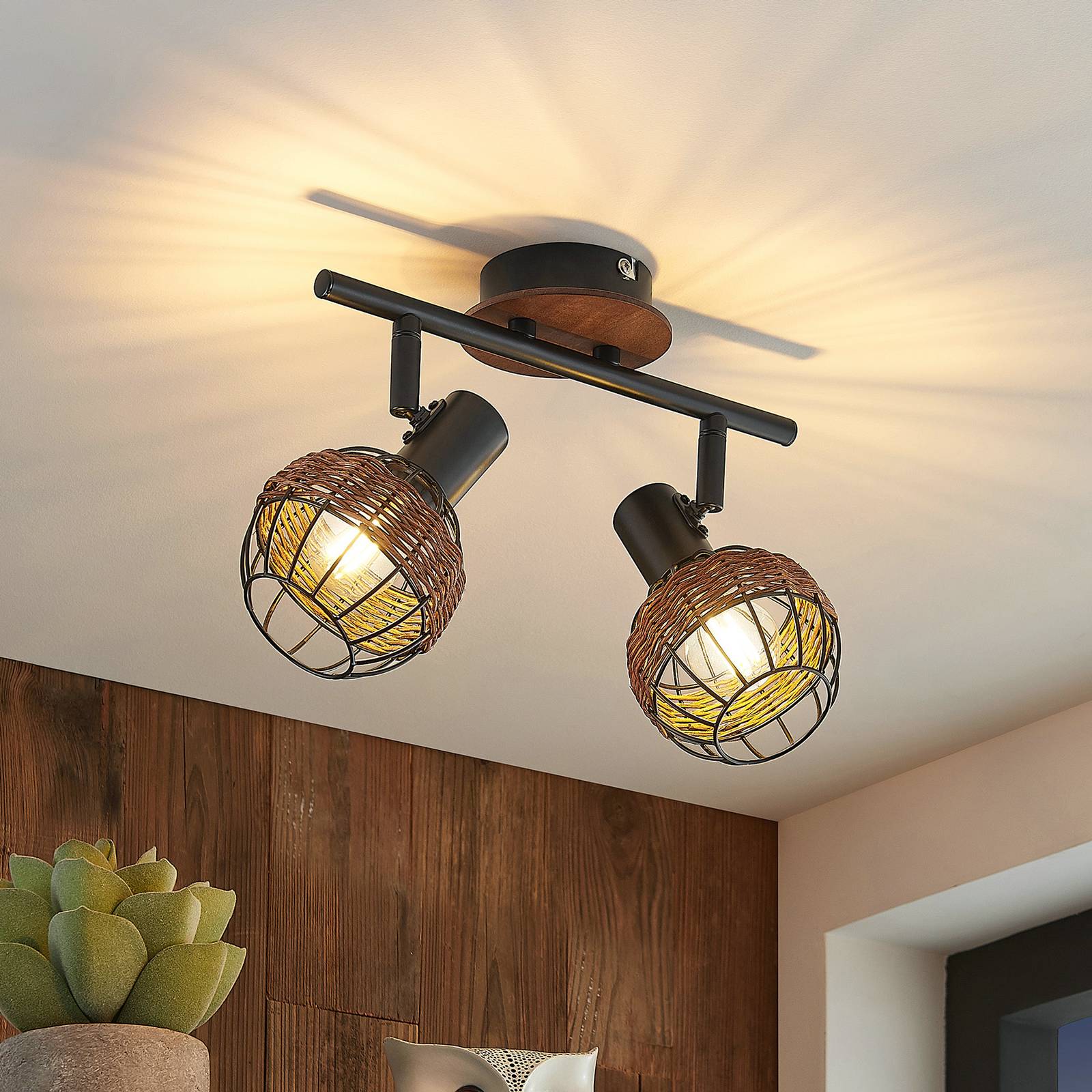 Lindby Lindby Nermina ratanové bodové svetlo klietka 2-pl